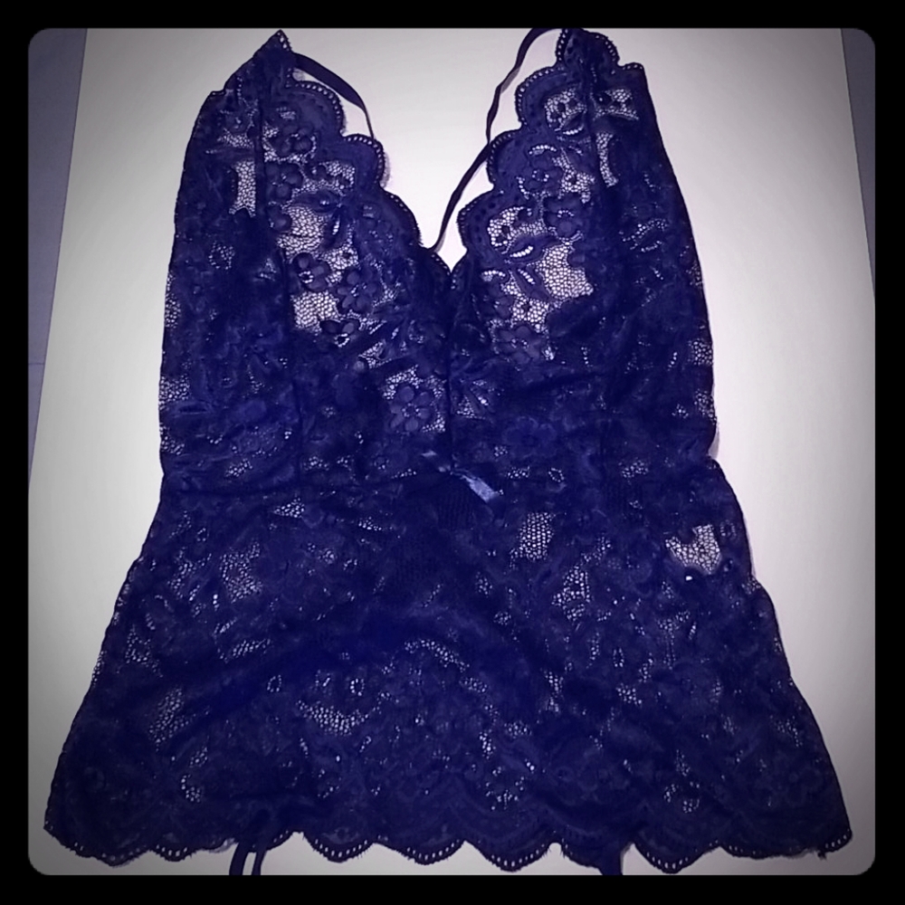 Navy Blue Floral Lace Garter Slip w/ Thong!